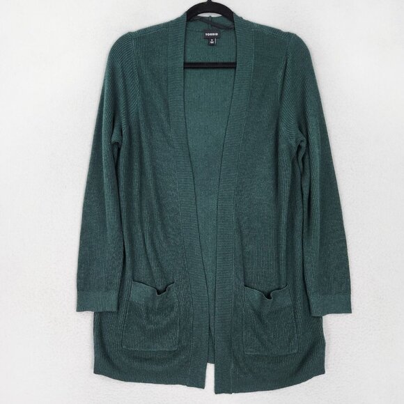 torrid Sweaters - Torrid Sweater Womens 0 Large Green Cardigan Long Line Open Front Lightweight